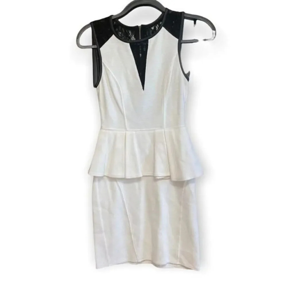 ABS by Allen Schwartz Mini Dress White Black Lace Peplum Cocktail Dress XS